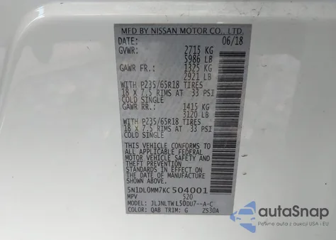 2019 Infiniti Qx60 Luxe z USA, uszkodzony, nr VIN 5N1DL0MM7KC504001